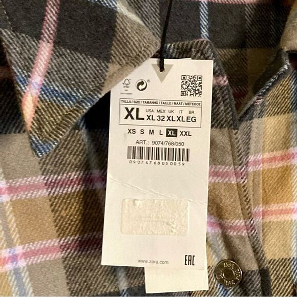 NEW Zara Oversized Plaid Shacket Overshirt Flannel Jacket Tan Pink Gray Size XL - Picture 16 of 16